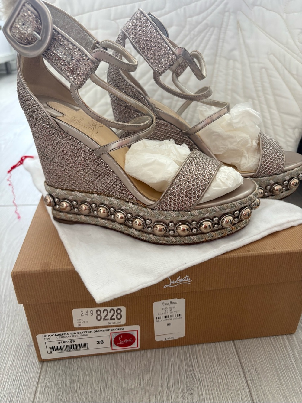 Christian Louboutin Metallic Silver Embellished Wedge Sandals